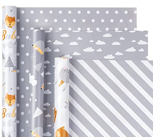 Holijolly Reversible Baby Dusche Wrapping Paper Roll.Mini Roll.3 Rolls.43.2x305cm Pro Rolle mit Nettes Igel, Tiere &"Baby" Beschriftung von Holijolly