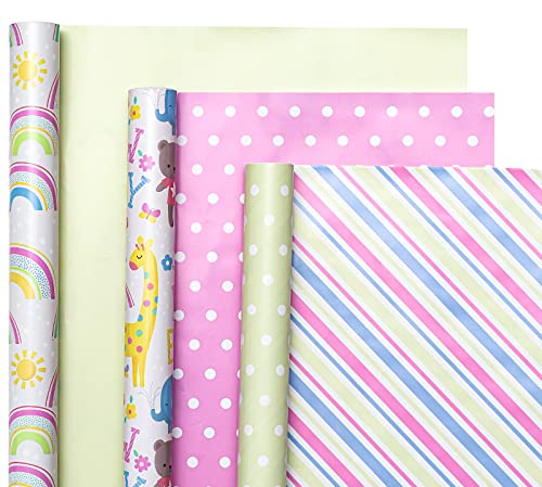 Holijolly Reversible Baby Dusche Wrapping Paper.Mini Roll.3 Rolls.43.2x305cm Pro Rolle.Solid Green, Polka Dot, Streifen, Regenbögen, Niedliche Tiere &"New Baby" Beschriftung von Holijolly