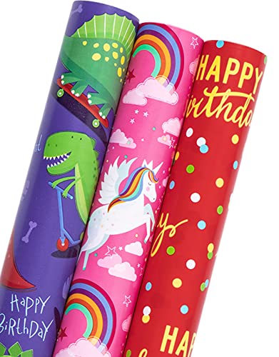 Holijolly Reversible Kinder Geburtstag Wrapping Papier mit Mini Rolle (43 cm x 3 m pro Rolle mit Einhorn/Dinosaurier/Polka Dots von Holijolly