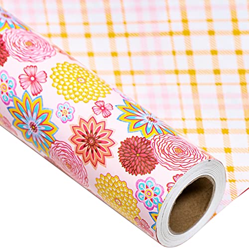 Holijolly Reversible Wrapping Paper Roll.Mini Roll.43.9 cm X 10m.Pink/Gelb Floral/Plaid Design (4.39 Quadratmeter) von Holijolly