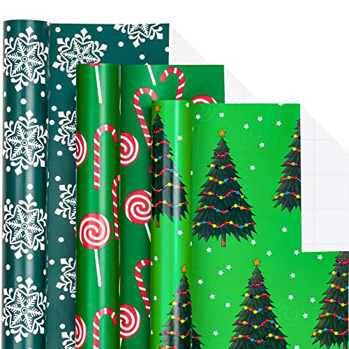 Holijolly Weihnachts-Geschenkpapierrolle – Halbe Rolle – Weihnachtsbäume/Zuckerstange/Schneeflocke zum Verpacken von Geschenken, Basteln – 43 x 305 cm x 3 Rollen (42.6 sq.ft.ttl.) von Holijolly