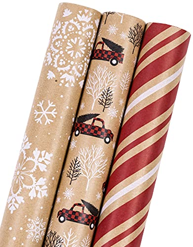 Holijolly Weihnachtspapierrolle - Minirolle - 43cm x 3m pro Rolle - 3 verschiedene rotgoldene LKW-Designs von Holijolly