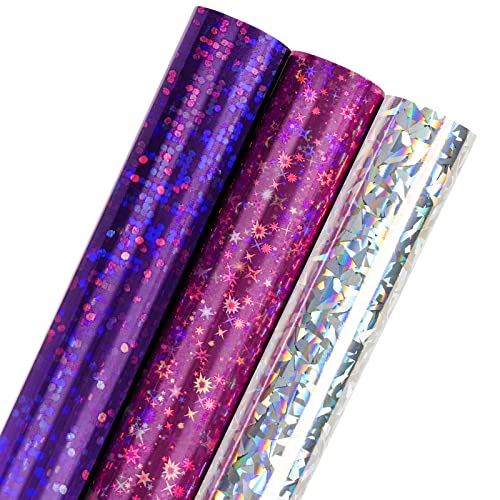 Holijolly holografische Folie Verpackungspapier.Mini Rolle.Pink Dot/Lila Stern/Silber Cracked Ice Print für Geburtstag, Hochzeit Dusche, Urlaub ca.43.2 cm x 3.05 m bis 3 Rollen (42.5 sq.ft.ttl.) von Holijolly