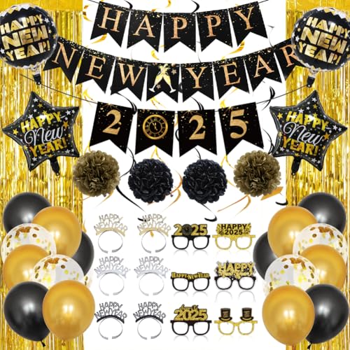 Happy New Year Dekorationen 2025, Silvester Party Supplies Banner, Luftballons, Fransenvorhang, Wirbel für Party Fotografie Hintergründe, Schwarz Gold von Holiwoer