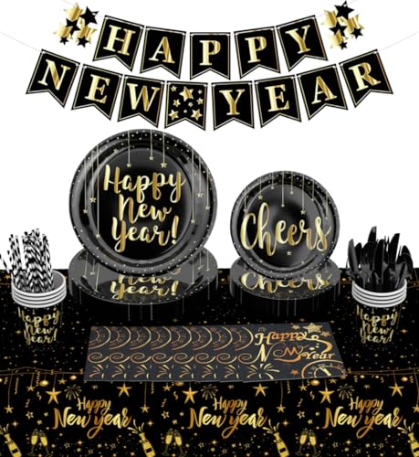 Happy New Year Eve Party Supplies 2025 Set, Happy New Year Banner Tischdecke Teller Becher Servietten für 24 Gäste von Holiwoer