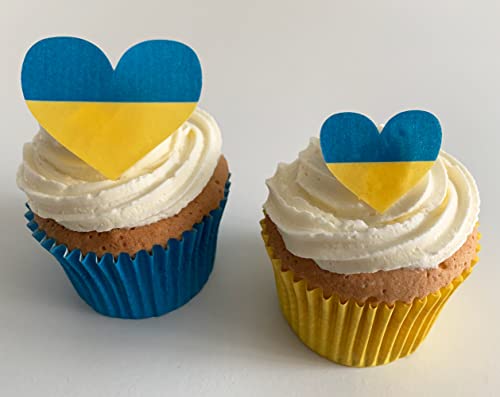 Holly Cupcakes 12 große und 12 kleine Ukraine-Flagge Herzaufsätze - Wir spenden 2 £ an das DEC für jedes verkaufte Paket von Holly Cupcakes