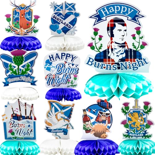 9 Stück Burns Night Party Tischdekorationen Schottische Geburtstag Party Dekorationen Burns Night Party Honeycomb Center Dekorationen Happy Burns Night Party Supplies Schottische Flagge Distel Hirsch von Hollylife