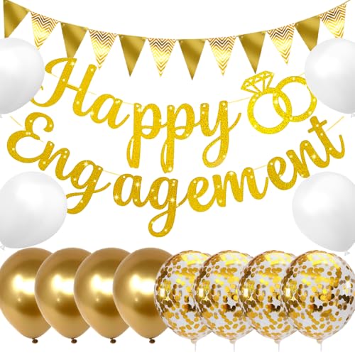 Goldenes Glitzer-"Happy Engagement"-Banner mit 12 Luftballons, Verlobungsbanner mit Band und Diamantring, glückliche Verlobungsdekorationen, Party-Requisiten, Verlobungsantragsparty von Hollylife