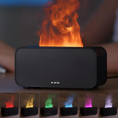 Holwim Aroma Diffuser mit 7 Farbe Flammen, Duftöl Diffusor für Ätherische Öle mit RGB Flammeneffekt Variation, 120ml Luftbefeuchter Humidifier mit, 4 Timer, Wasserlose Abschaltautomatik (Schwarz) von Holwim