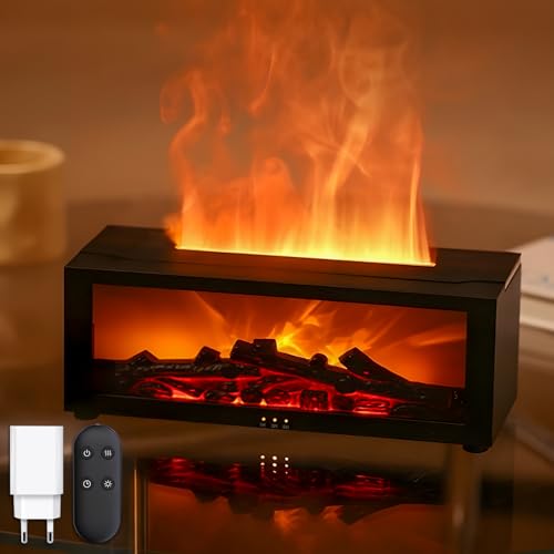 Holwim Aroma Diffuser mit LED Kamin, Duftöl Diffusor für Ätherische Öle mit 7-Farben-Licht Flammeneffekt, 150ml Luftbefeuchter mit Fernbedienung, 4 Timer, Wasserlose Abschaltautomatik (Satz) von Holwim