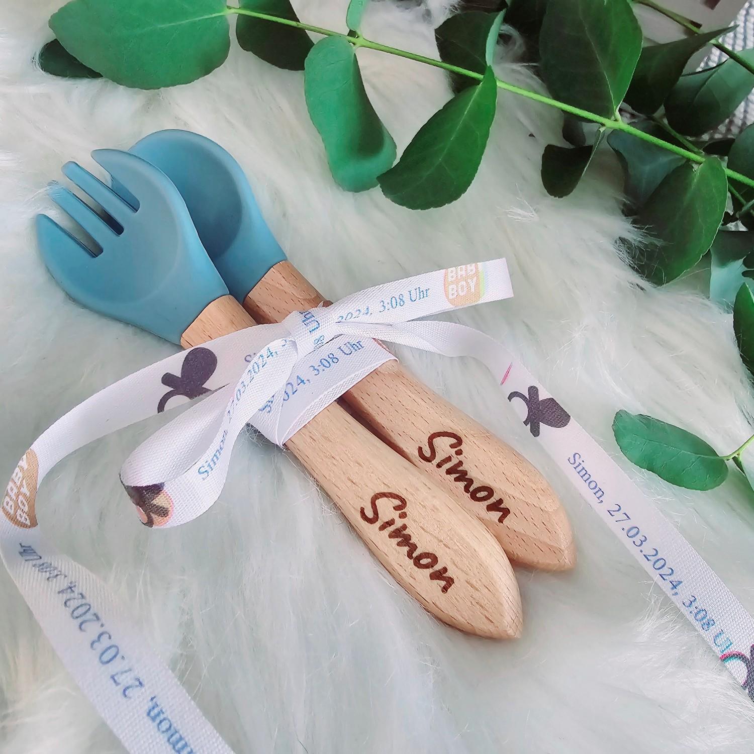 Kinderbesteck Personalisiert - Gabel & Löffel Mit Gravur, Geschenkband Personalisiert, Babybesteck, Taufe, Geburt, Geschenk, Taufe von HolzPapierHygge