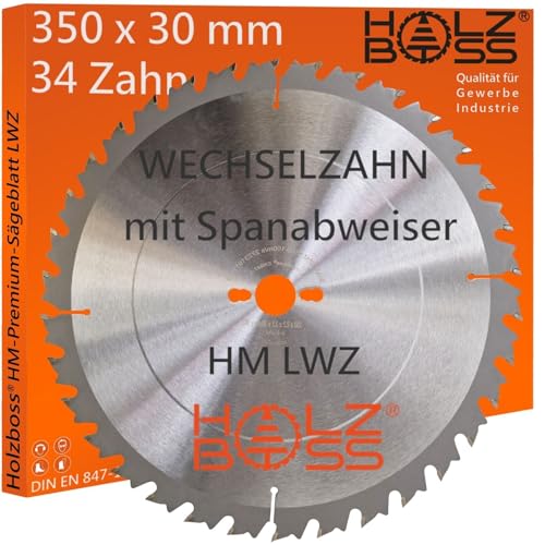 Holzboss ® HM-Sägeblatt 34 x Zahn LWZ 350 x 30 mmØ L-Wechselzahn mit Spanabweiser Rückschlagarm HW Kreissägeblatt WZ für Längschnitte Querschnitt Tischkreissäge Wippsäge Feinschnitt Holz von Holzboss