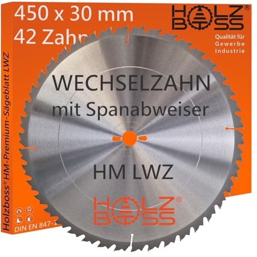 Holzboss ® HM-Sägeblatt 42 x Zahn LWZ 450 x 30 mmØ L-Wechselzahn mit Spanabweiser Rückschlagarm HW Kreissägeblatt WZ für Längschnitte Querschnitt Wippsäge Tischkreissäge Feinschnitt Holz von Holzboss