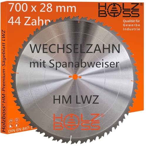 Holzboss ® HM-Sägeblatt 44 x Zahn LWZ 700 x 28 mmØ L-Wechselzahn mit Spanabweiser Rückschlagarm HW Kreissägeblatt WZ für Längschnitte Querschnitt Wippsäge Tischkreissäge Feinschnitt Holz von Holzboss