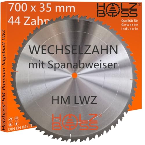 Holzboss ® HM-Sägeblatt 44 x Zahn LWZ 700 x 35 mmØ L-Wechselzahn mit Spanabweiser Rückschlagarm HW Kreissägeblatt WZ für Längschnitte Querschnitt Wippsäge Tischkreissäge Feinschnitt Holz von Holzboss