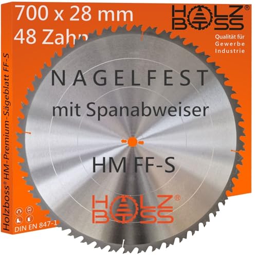 Holzboss ® HM-Sägeblatt 48 x Zahn FF-S 700 x 28 mmØ Nagelfest mit Spanabweiser und Rückschlagarm HW Kreissägeblatt für Tafelholz Schalholz Bauholz Brennholz Schalholz Wippsäge Tischkreissäge von Holzboss