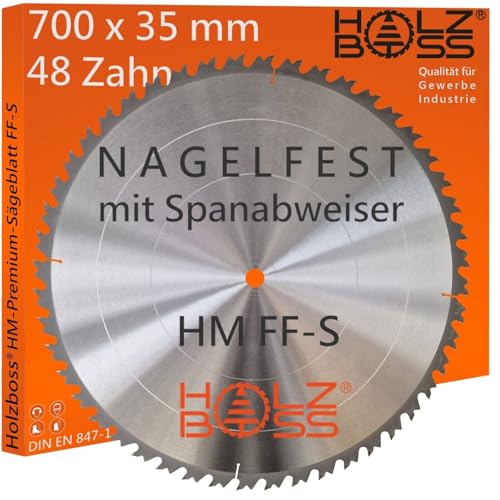 Holzboss ® HM-Sägeblatt 48 x Zahn FF-S 700 x 35 mmØ Nagelfest mit Spanabweiser und Rückschlagarm HW Kreissägeblatt für Tafelholz Schalholz Bauholz Brennholz Schalholz Tischkreissäge Wippsäge von Holzboss