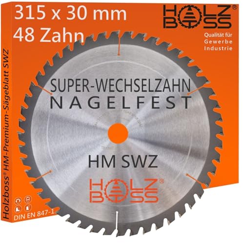 Holzboss ® HM-Sägeblatt 48 x Zahn nagelfest SWZ 315 x 30 mmØ Super-Wechselzahn HW Kreissägeblatt für 315x30 mm Wippsäge Tischkreissäge Brennholz mit Betonbeschlag Feinschnitt Holz Acrylglas von Holzboss