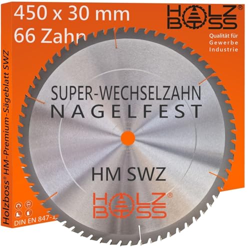 Holzboss ® HM-Sägeblatt 66 x Zahn nagelfest SWZ 450 x 30 mmØ Super-Wechselzahn HW Kreissägeblatt für 450x30 mm Wippsäge Tischkreissäge Brennholz mit Betonbeschlag Feinschnitt Holz Acrylglas von Holzboss