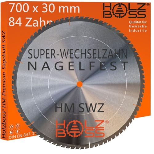 Holzboss ® HM-Sägeblatt 84x Zahn nagelfest SWZ 700 x 30 mmØ Super-Wechselzahn HW Kreissägeblatt für 700x30 mm Wippsäge Tischkreissäge Brennholz mit Betonbeschlag Feinschnitt Holz Acrylglas von Holzboss