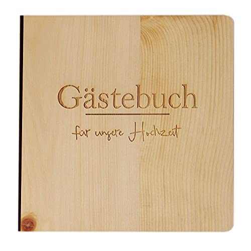 Holz Gästebuch mit eingraviertem Schriftzug "Gästebuch für unsere Hochzeit", Fotoalbum und Stammbuch für die Hochzeit, Eintragsbuch mit edlem Echtholz Zirbencover von Holzgrusskarten.at