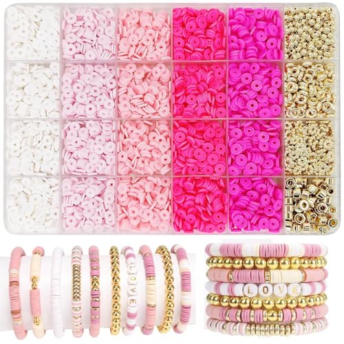 Tonperlen-Armband-Set, flache Tonperlen und goldene Abstandshalter für Armbandherstellung, Perlen, Polymer-Ton-Perlen, flache runde Scheiben, Tonperlen für Schmuckherstellung (Rosa) von HomTop