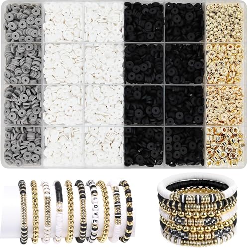 Tonperlen-Armband-Set, flache Tonperlen und goldene Abstandshalter für Armbandherstellung, Perlen, Polymer-Ton-Perlen, flache runde Scheiben, Tonperlen für Schmuckherstellung (Schwarz und Weiß) von HomTop