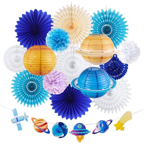 16 PCS Planet themed Papier Laternen,Banner und Papier Fan Sets,Lampenschirm Sonnensystem Laterne Deko für Weltraum Geburtstagsfeier Dekorationen,Kinder Thema Party,Hängende Dekorationen von Homarkable