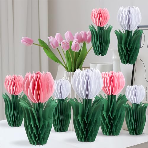 Homarkable 8 Stück Tulpen Wabenbälle Dekoration Rosa und weiß Papier Blumen Tischdekoration für Hochzeit Home Hotel Frühling Party Deko (Rosa und weiß) von Homarkable