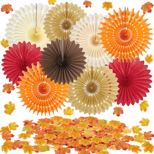 Homarkable 9 Stück Orange Papier Fächer Dekoration und 100 Stücke Herbstblätter Künstliche Ahornblatt, Herbst Deko, Orange Rot Braun Papierfächer für Halloween Thanksgiving Ostern Hochzeit Gartenparty von Homarkable