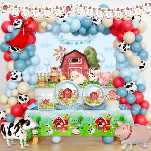 Hombae Bauernhof Party Dekorationen Junge, Bauernhof Geburtstag Supplies, Blau Scheune Tier Geburtstag Party Supplies Junge, Blau Hintergrund Ballon Banner Tischdecke Kuchen Topper Geschirr Set Teller von Hombae