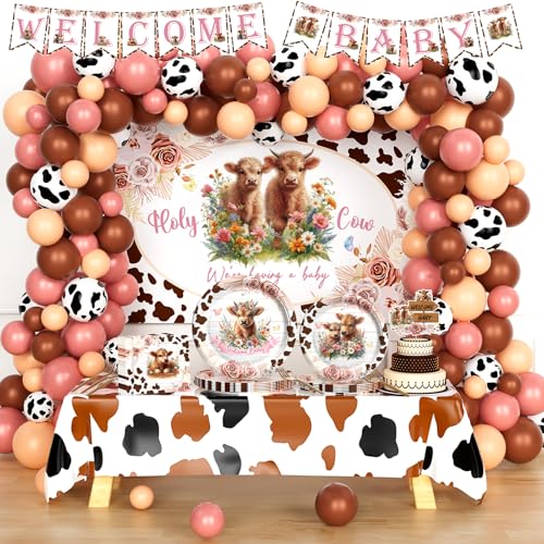 Hombae Highland Cow Babyparty-Dekorationen, Babyparty-Dekorationen für Mädchen, Heilige Kuh Babyparty-Zubehör, Highland-Kuh-Themen-Hintergrund, Ballon-Banner, Tischdecke, Tortenaufsatz, Teller, von Hombae