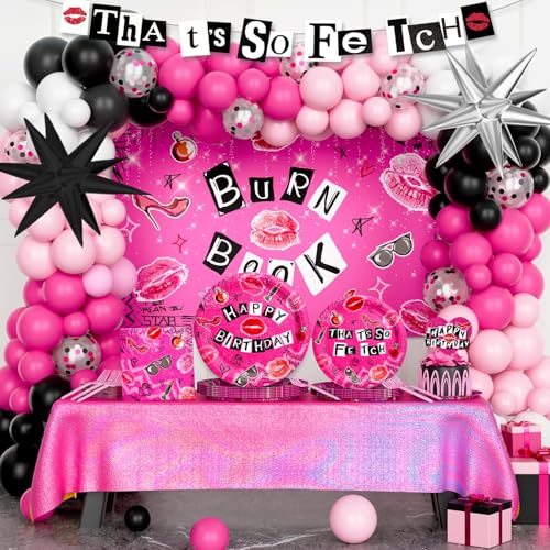 Hombae Hot Pink Lips Partyzubehör, Hot Pink Burn Book That's So Fetch Disco Themed Geburtstag Dekorationen für Mädchen, Hintergrund Ballon Banner Tischdecke Kuchen Topper Teller Servietten Gabeln von Hombae