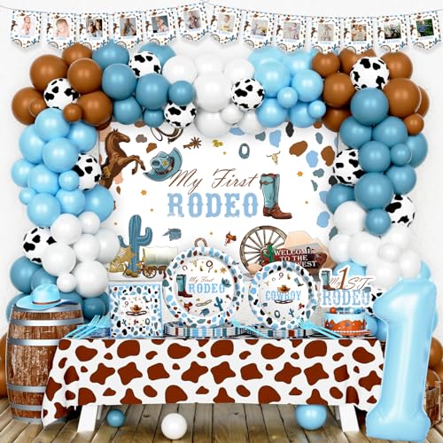 Hombae My First Rodeo Dekorationen Junge, Blau Western Cowboy Erste Party Supplies für Jungen, 1. Geburtstag Dekorationen Junge, Hintergrund Ballon Banner Tischdecke Kuchen Topper Geschirr Teller von Hombae