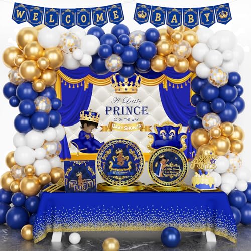 Hombae Royal Prince Baby Shower Decorations, Little Prince Baby Shower Supplies Boy, Baby Shower Decorations Boy, Backdrop Balloon Welcome Baby Banner Tablecloth Cake Topper Plates, Napkins, Forks von Hombae