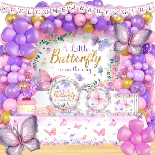 Hombae Schmetterling Babyparty-Dekorationen, rosa und lila, ein kleiner Schmetterling ist auf dem Weg, Babyparty-Zubehör, Mädchen, Hintergrund-Ballon-Banner, Tischdecke, Tortenaufsatz, von Hombae