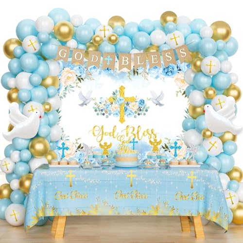 Hombae Taufdekorationen für Jungen, Mi Bautizo Party Dekorationen, Erstkommunion Taufe Party Dekorationen, Blau Gott Segen Hintergrund Ballon Banner Tischdecke Kuchen Cupcake Topper, 114 Stück von Hombae