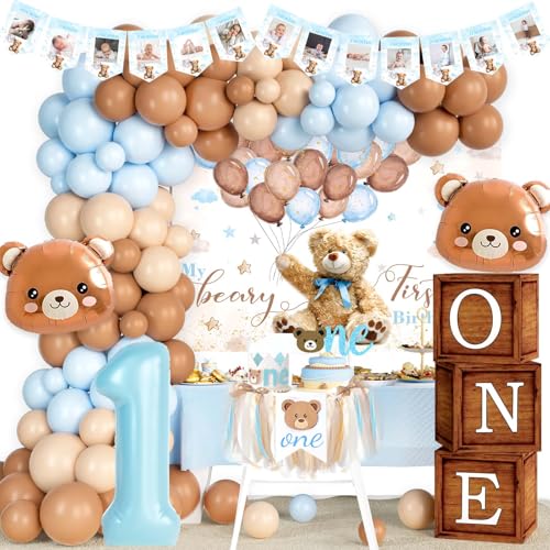 Hombae Teddybär 1. Geburtstag Dekorationen für Jungen, Bärchen ersten Geburtstag Dekorationen, Blau und Braun Hintergrund Ballon Banner Boxen Kuchen Topper Krone für ein Jahr alt Geburtstag Party von Hombae