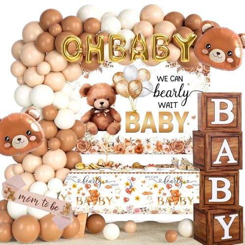 Hombae Teddybär-Babyparty-Dekorationen, Babyparty-Dekor für Jungen, We Can Bearly Wait, Hintergrund Ballon Banner Kuchen Cupcake Topper Box Schärpe für Braunbär-Themen-Babyparty von Hombae