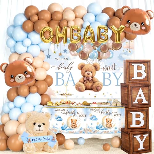 Hombae Teddybär-Babyparty-Dekorationen, Babyparty-Dekor für Jungen, blauer Bären-Themen-Hintergrund, Ballon-Banner, Kuchen, Cupcake-Topper, Box, Schärpe für Babyparty mit Aufschrift "We Can Bearly von Hombae