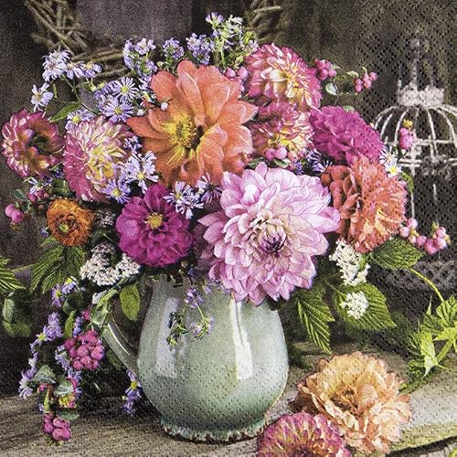 20 Servietten Dahlien in Blumenvase | Blumen | Sommer | Herbst | basteln | neutral | zeitlos | Tischdeko | Decoupage | Serviettentechnik 33x33cm von Home Fashion