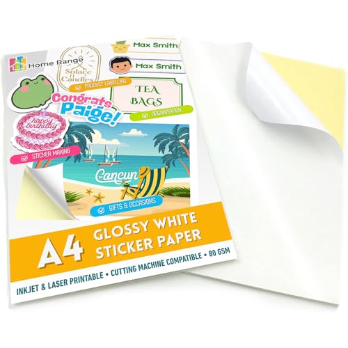 Selbstklebendes Aufkleberpapier, A4, glänzend, Weiß, 50 Blatt | Inkjet- und Laserdrucker | Erstellen Sie Ihre eigenen Aufkleber, Kunst und Handwerk, Schneideplotter, Produktetiketten, starke Selbstklebendes Aufkleberpapier, A4, glänzend, Weiß, 50 Blatt | Inkjet- und Laserdrucker | Erstellen Sie Ihre eigenen Aufkleber, Kunst und Handwerk, Schneideplotter, Produktetiketten, starke von Home Range