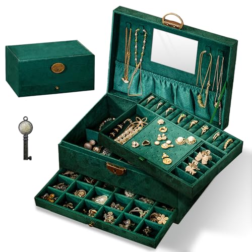 Home-X Schmuckkästchen, 4-lagiger Schmuck Organizer Aufbewahrung, Großer Schmuckkoffer, Geräumige Damen Samt Schmuckschatulle Aufbewahrung für Ringe Ohrringe Halskette Armreifen Haarspangen von Home-X