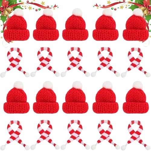 Homefantasy 20 Stück Mini Weihnachtsmütze und Schal Set,Mini Weihnachtsmütze,Mini-Strickmütze des Weihnachten,Mini-Weinflaschen-Schal,für Tischdekoration,Schneemann,Dekoration,Geschenk,Party (Rot) von Homefantasy