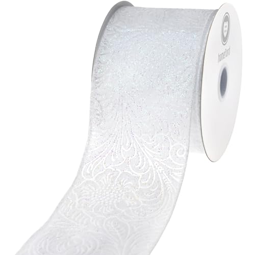 HOMEFORD Geprägtes Glitzerblumen-Polypropylen-Drahtband, 6,4 cm, 9,1 m, Weiß von Homeford