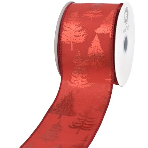 HOMEFORD Geprägtes Satinband mit Weihnachtsbäumen, 6,4 cm, 9,1 m, Rot von Homeford