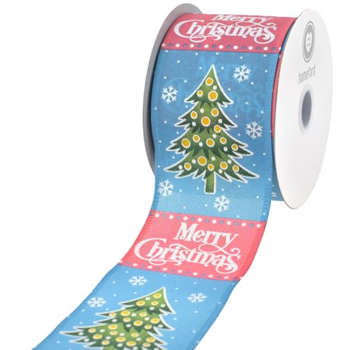 HOMEFORD Satinband mit Draht, Motiv: Merry Christmas Tree, Pastellstreifen, 6,4 cm, 9,1 m, mehrfarbig von Homeford