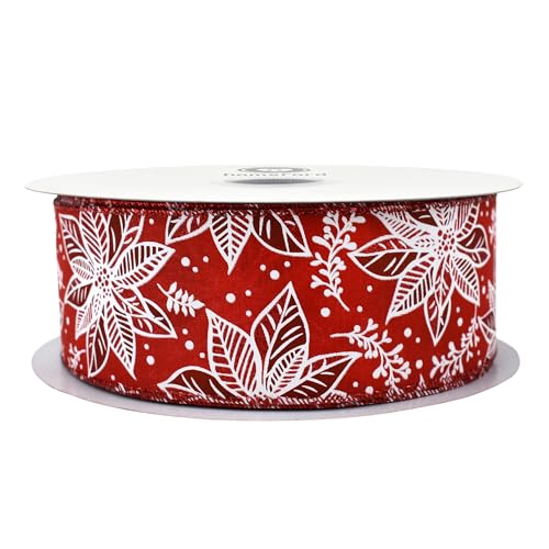 HOMEFORD Satinband mit Draht, Weihnachtssterne, 6,4 cm, 45,7 m, Rot von Homeford