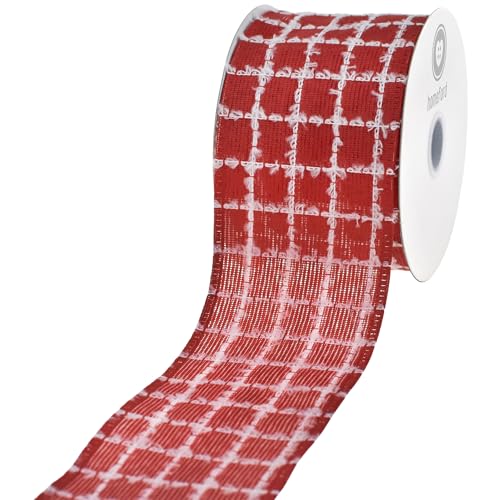 HOMEFORD Weihnachtsband, kariert, Kunstleinen, Draht, 6,4 cm, 9,1 m, Rot von Homeford