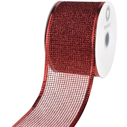 HOMEFORD Weihnachtsband mit glitzerndem Netz, metallischer Rand, 6,4 cm, 9,1 m, Rot von Homeford